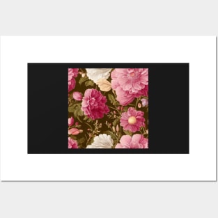 Vintage Floral Light Pink and White Flowers on Olive Green Posters and Art